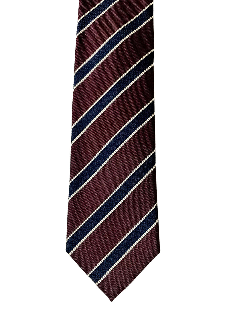 ERMENEGILDO ZEGNA burgundy w/ white/navy stripe silk tie