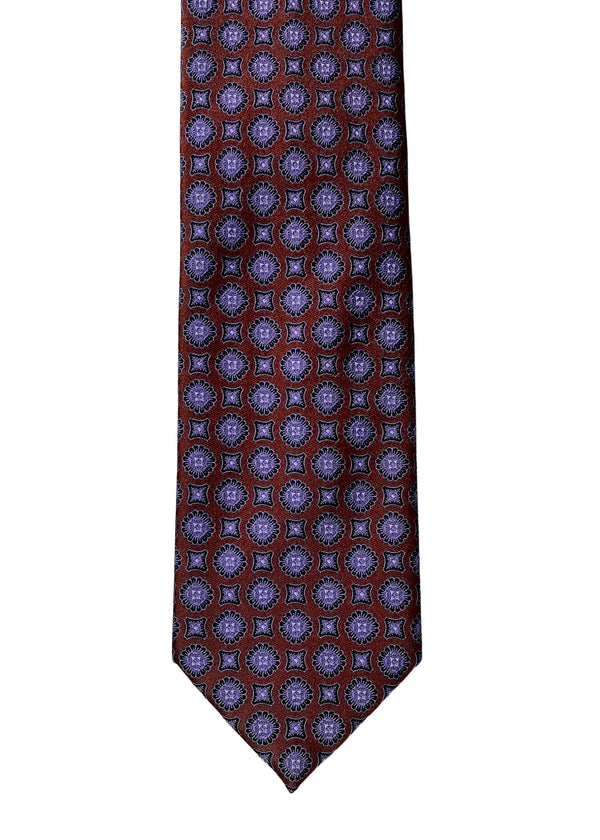 BRIONI burgundy/purple medallion print silk tie 3.5" wide