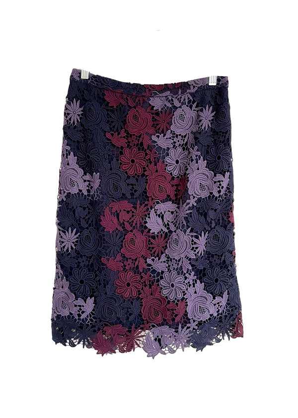 LORD & TAYLOR purple, lavender & burgundy lace pencil skirt w/ back slit, 0