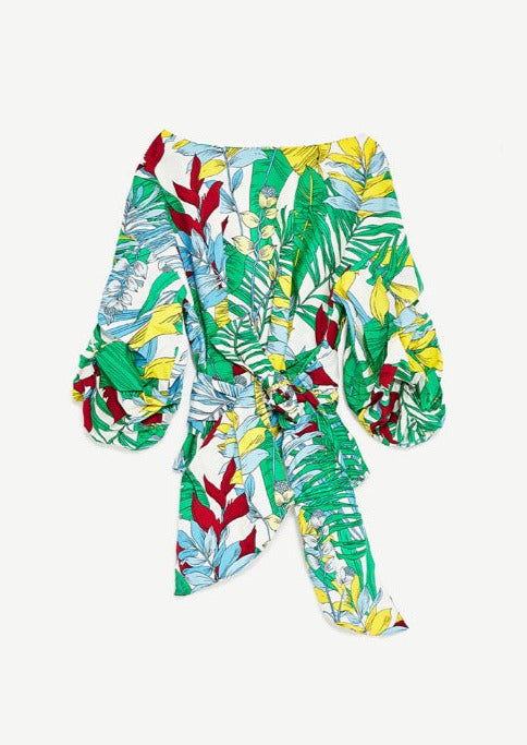 ZARA Women's tropical print cotton wrap top with gathered sleeves, M