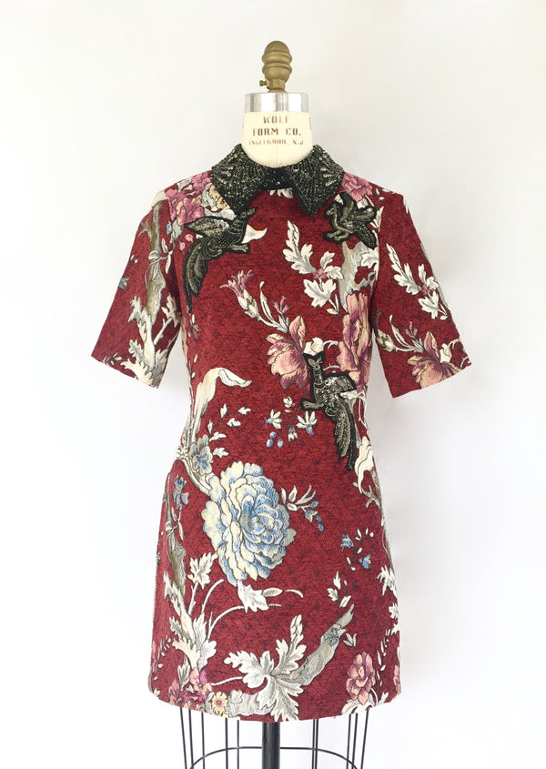 ZARA cranberry print damask short sleeve dress with embellished collar, S