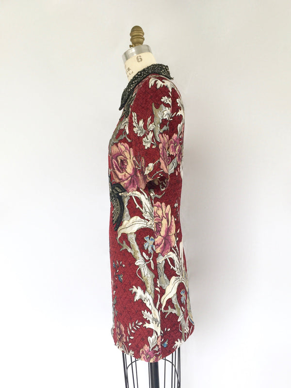 ZARA cranberry print damask short sleeve dress with embellished collar, S
