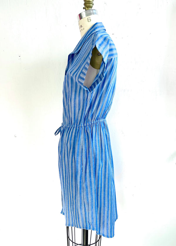 JAPNA Women’s blue pinstripe shirt dress w/ elastic waist with drawstring, M