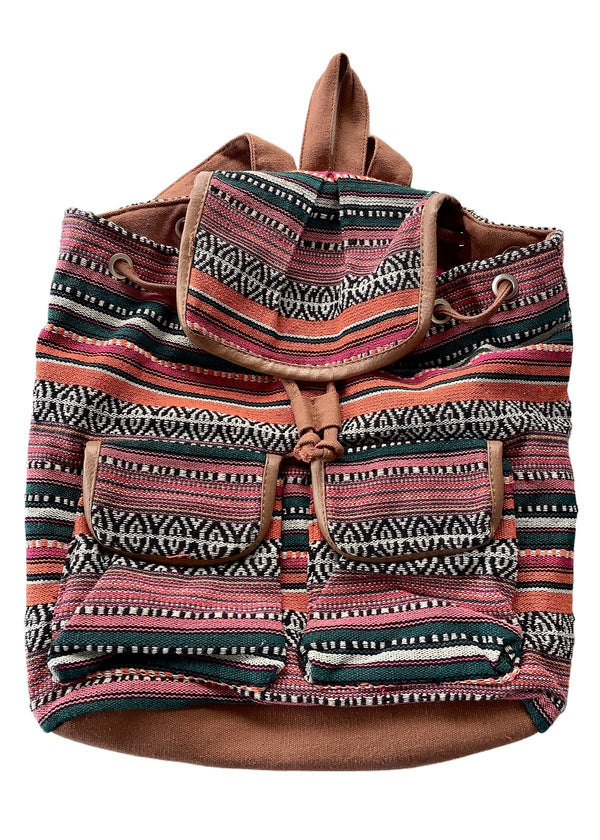 BACKPACK brown/rust/green/pink tribal print fabric backpack