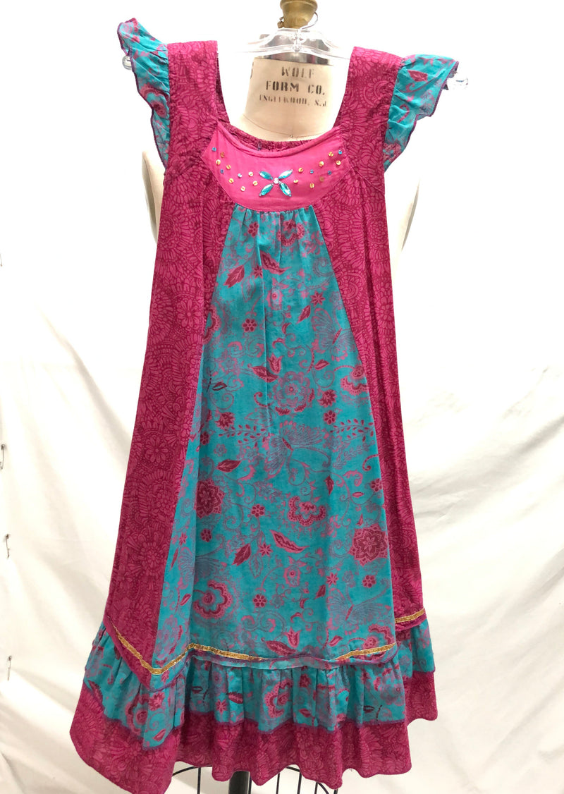 DRESS Girls pink & blue print dress with stone and sequin detail, 6/7