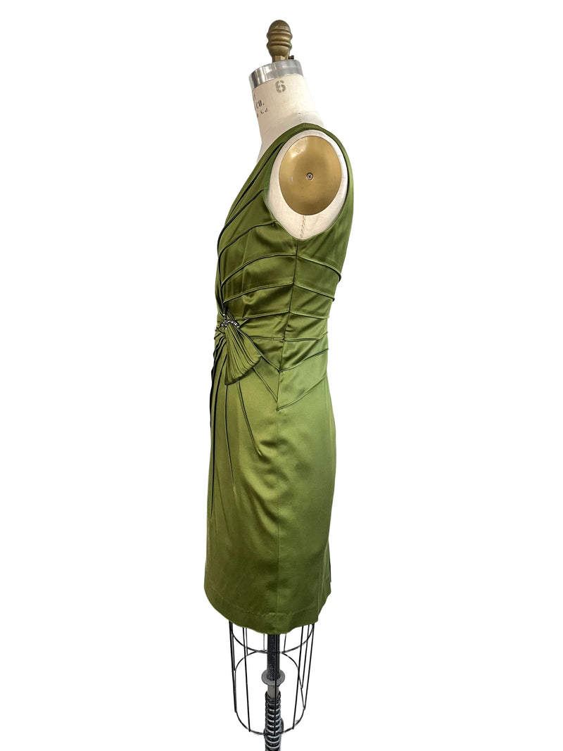 JONES NEW YORK green satin pleated v-neck dress w/ jewelled detail, 8