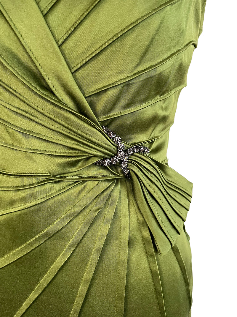 JONES NEW YORK green satin pleated v-neck dress w/ jewelled detail, 8