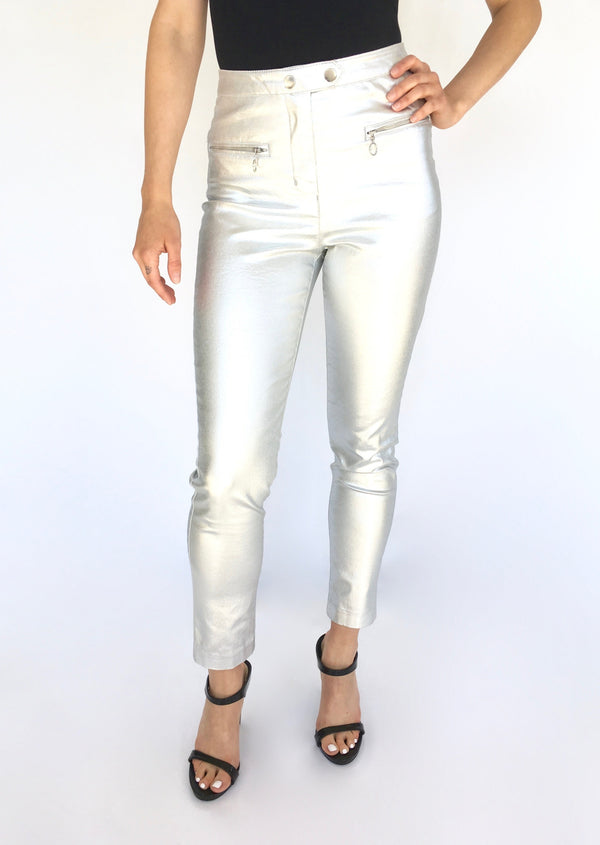 H&M Women's silver metallic skinny jean w/ front circular zippers, 6