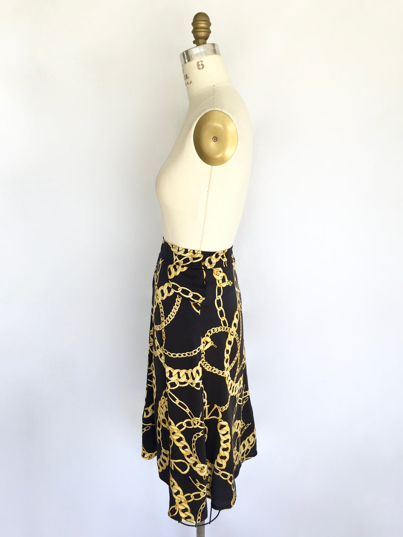 VALENTINO VINTAGE Women's black satin silk w/ yellow chain pattern, 10