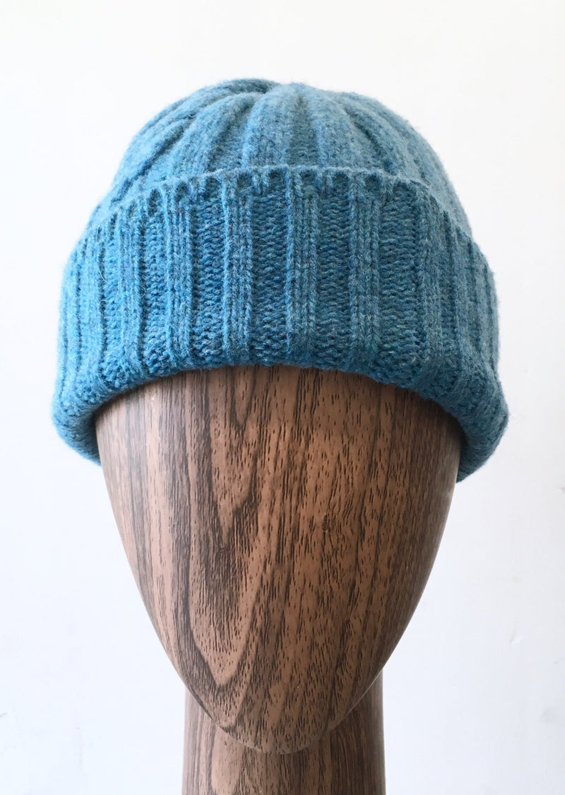 HAT blue ribbed & cable knit fold over beanie, NS