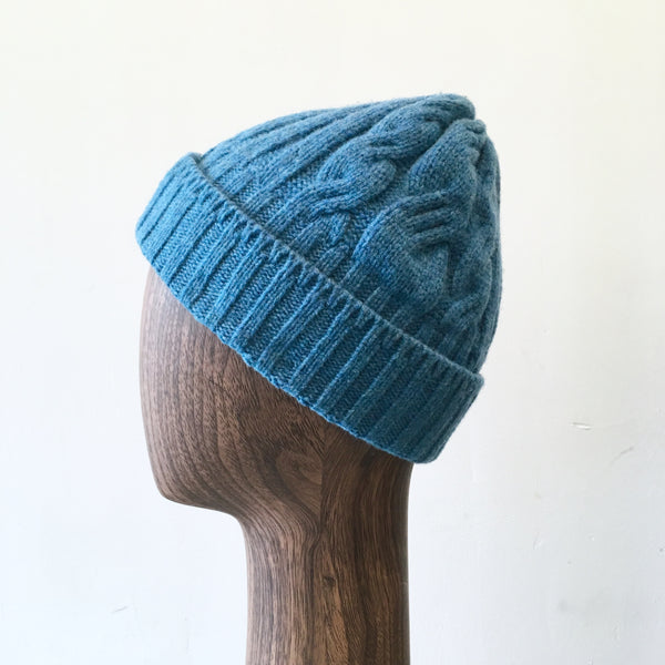 HAT blue ribbed & cable knit fold over beanie, NS