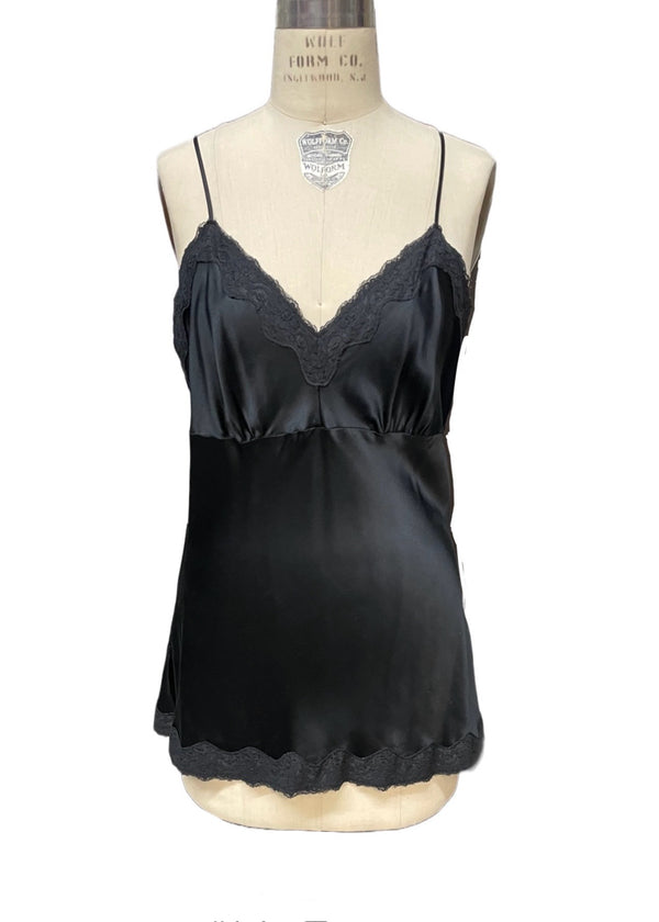 FYLO Women's black silk bias cut negligee w/ lace trim & adjustable straps, L