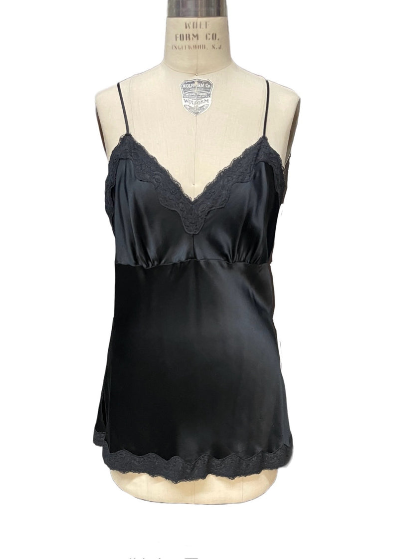 FYLO Women's black silk bias cut camisole w/ lace trim & adjustable straps, L