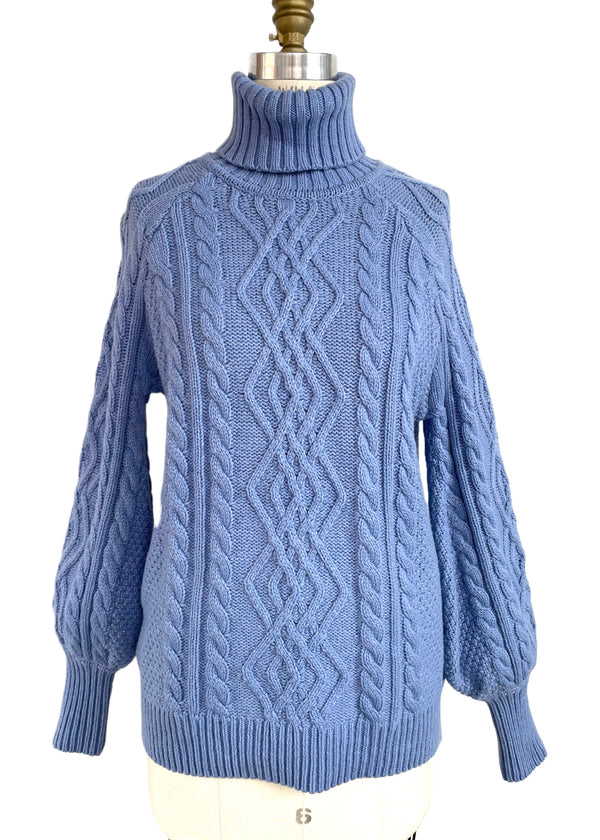 MANGO Women's periwinkle cable knit wool blend turtleneck sweater, S