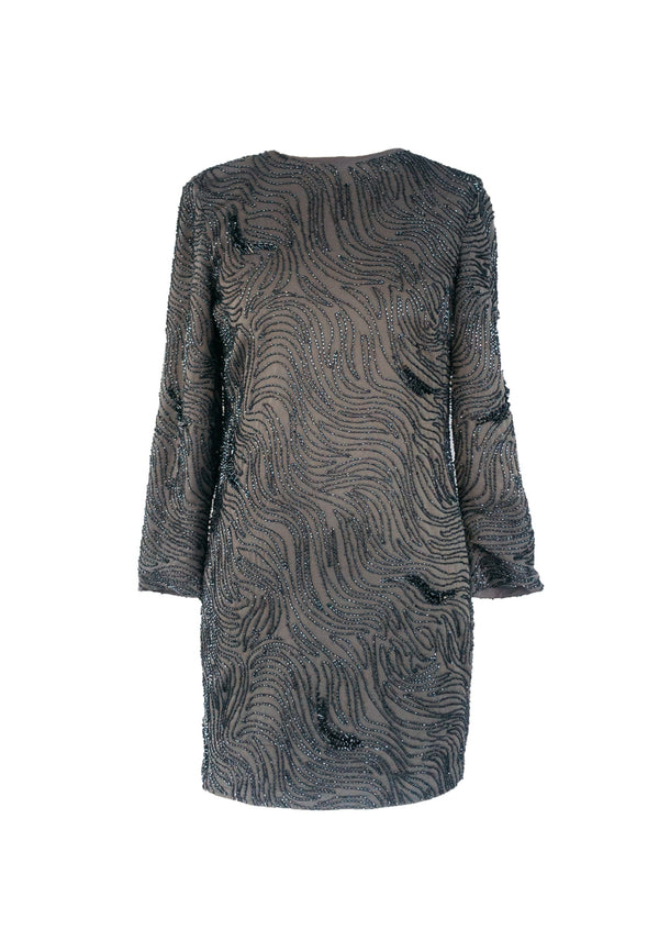 HALSTON HERITAGE charcoal beaded long sleeve shift dress w/ draped open back, 4