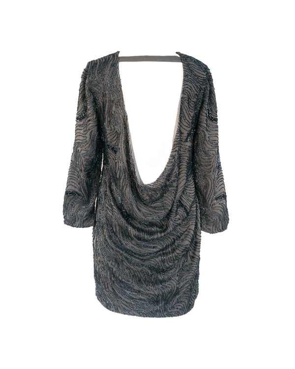 HALSTON HERITAGE charcoal beaded long sleeve shift dress w/ draped open back, 4