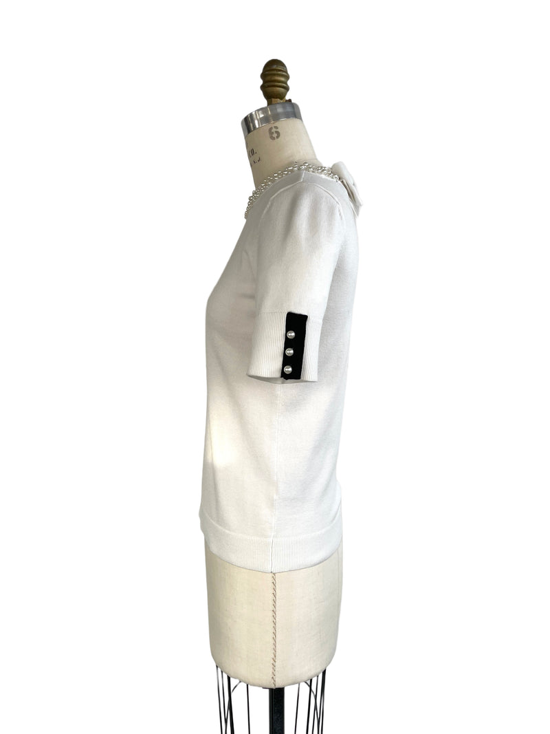 KARL LAGERFELD Women's white short sleeve sweater w/ pearl neckline & back bow, XS