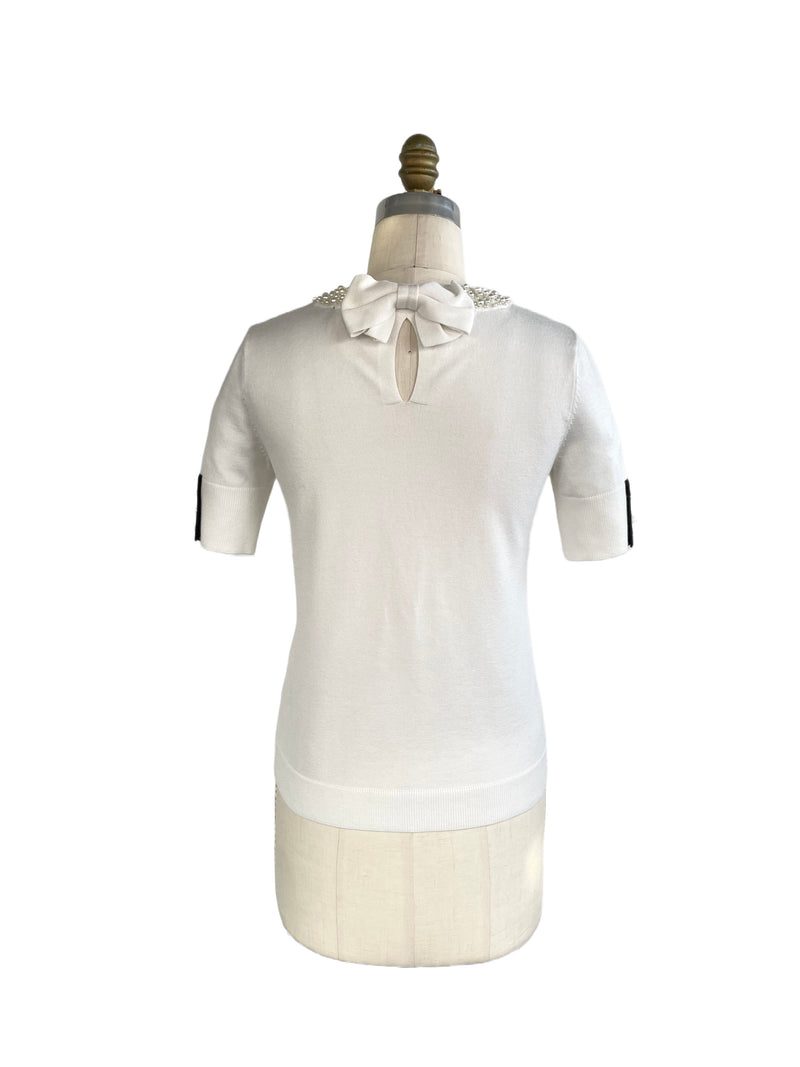 KARL LAGERFELD Women's white short sleeve sweater w/ pearl neckline & back bow, XS