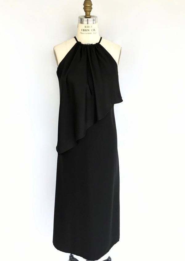 HALSTON black flowy halter spaghetti strap gown w/ overlay, S