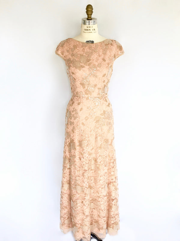 VERA WANG blush lace & gold sequin cap sleeve evening gown, 6