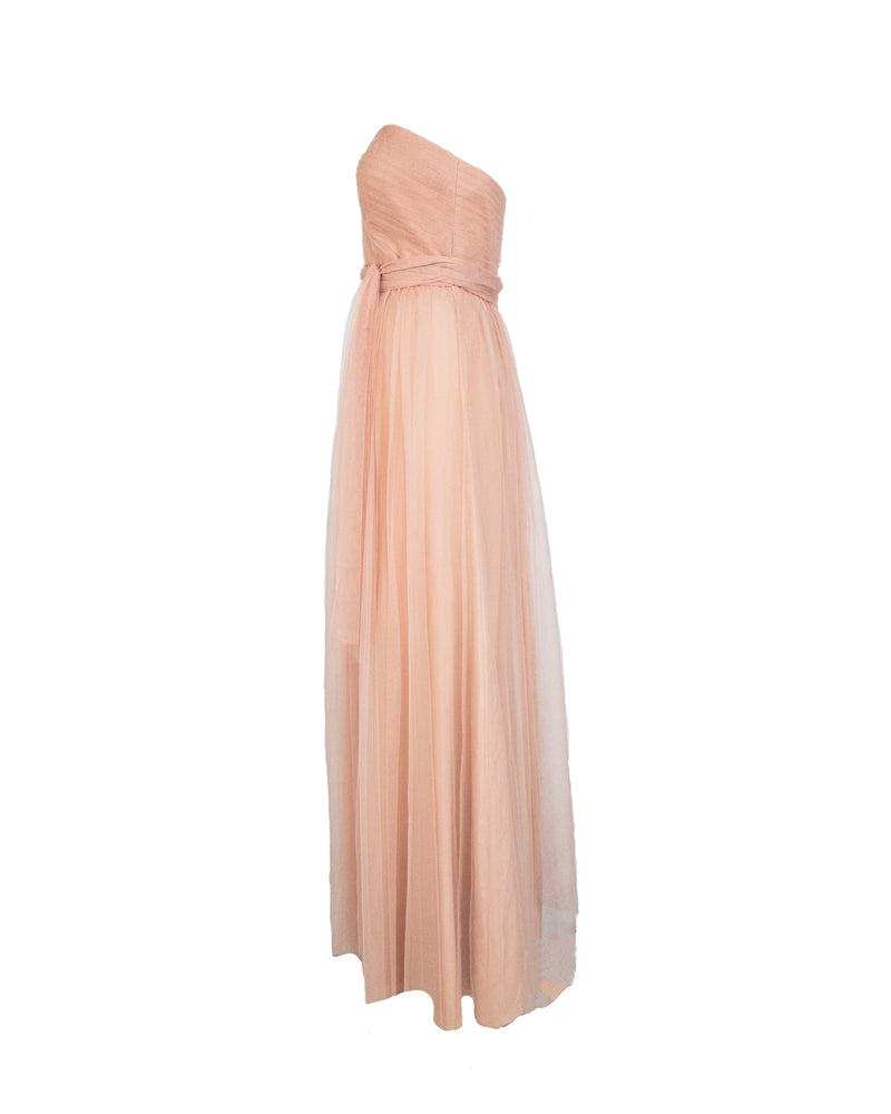 JENNY YOO soft pink tulle shirred strapless gown w/ sweetheart neckline & detachable sash, 12