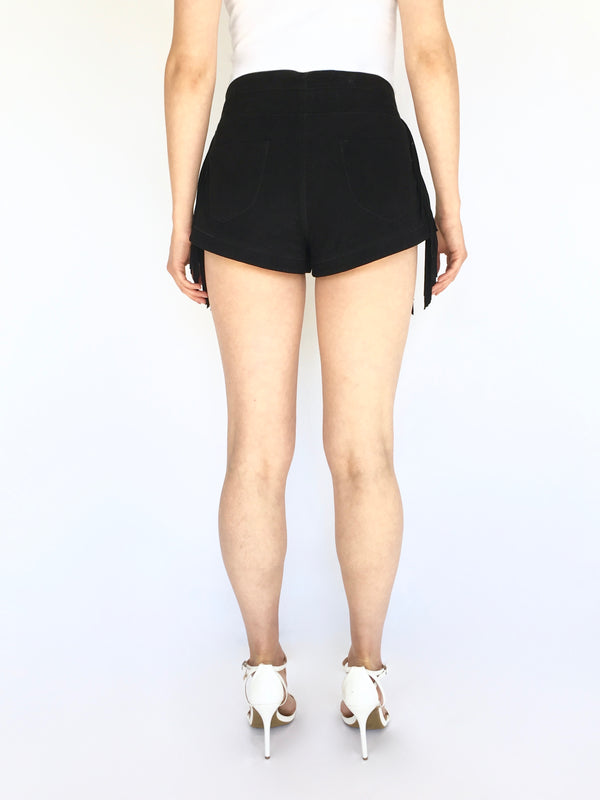 LAMARQUE Women's black lace up suede shorts w/ side fringe, 4