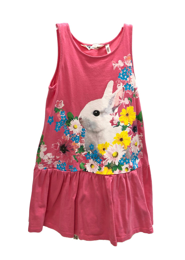 H&M girls pink sleeveless dress w/ bottom peplum & rabbit graphic, 4/6