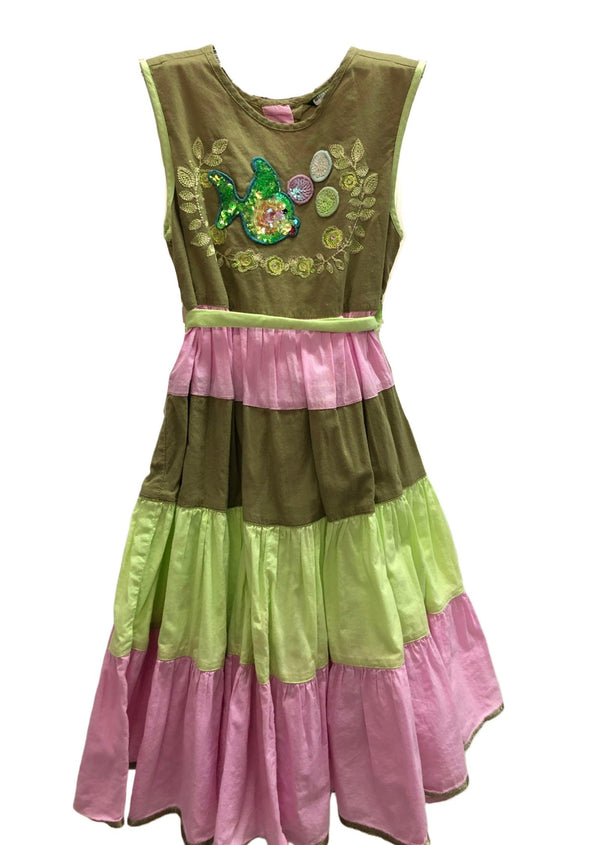 OILILY girls sage/green/pink colour block fit & flare dress w/ sequin embroidered fish, 7