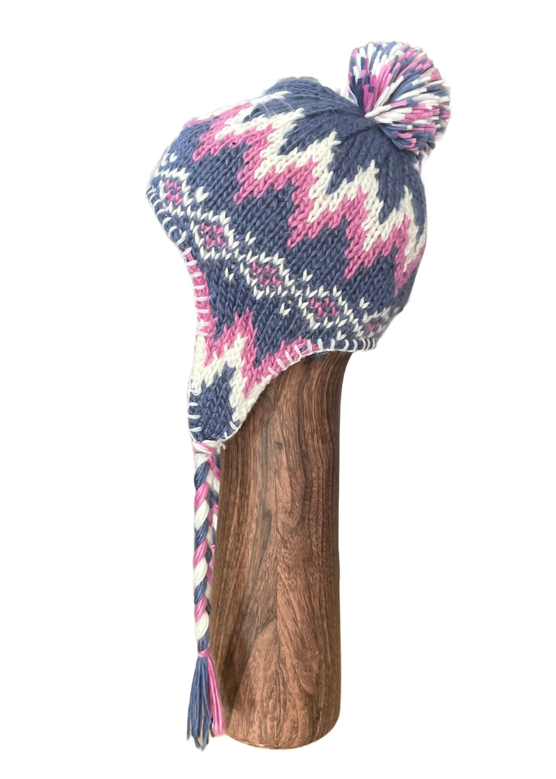 LIBERTY CLOTHING kids pink/blue/white knit ear flap toque w/ braided yarn & pom pom, NS