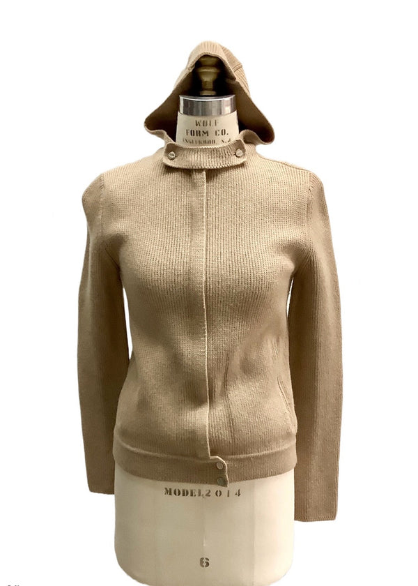 MAX MARA Women's camel knit zip front sweater w/ hood & gold hardware, S