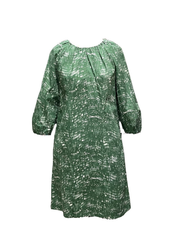 COS Women's green & white cotton cross hatch print sack dress w/ 3/4 length lantern sleeves, 4