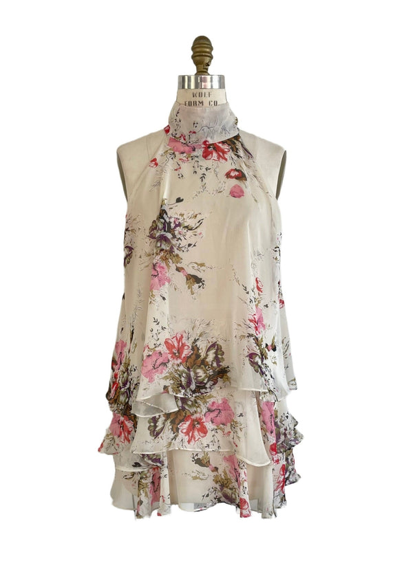 AVAHNA Women's cream floral bias cut layered halter mini dress, 10