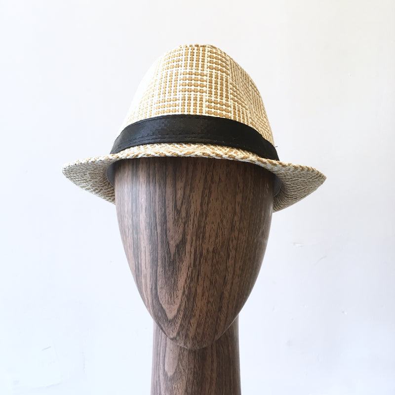 MENS sand & cream woven pattern fedora w/ black band, 7 1/4 - L