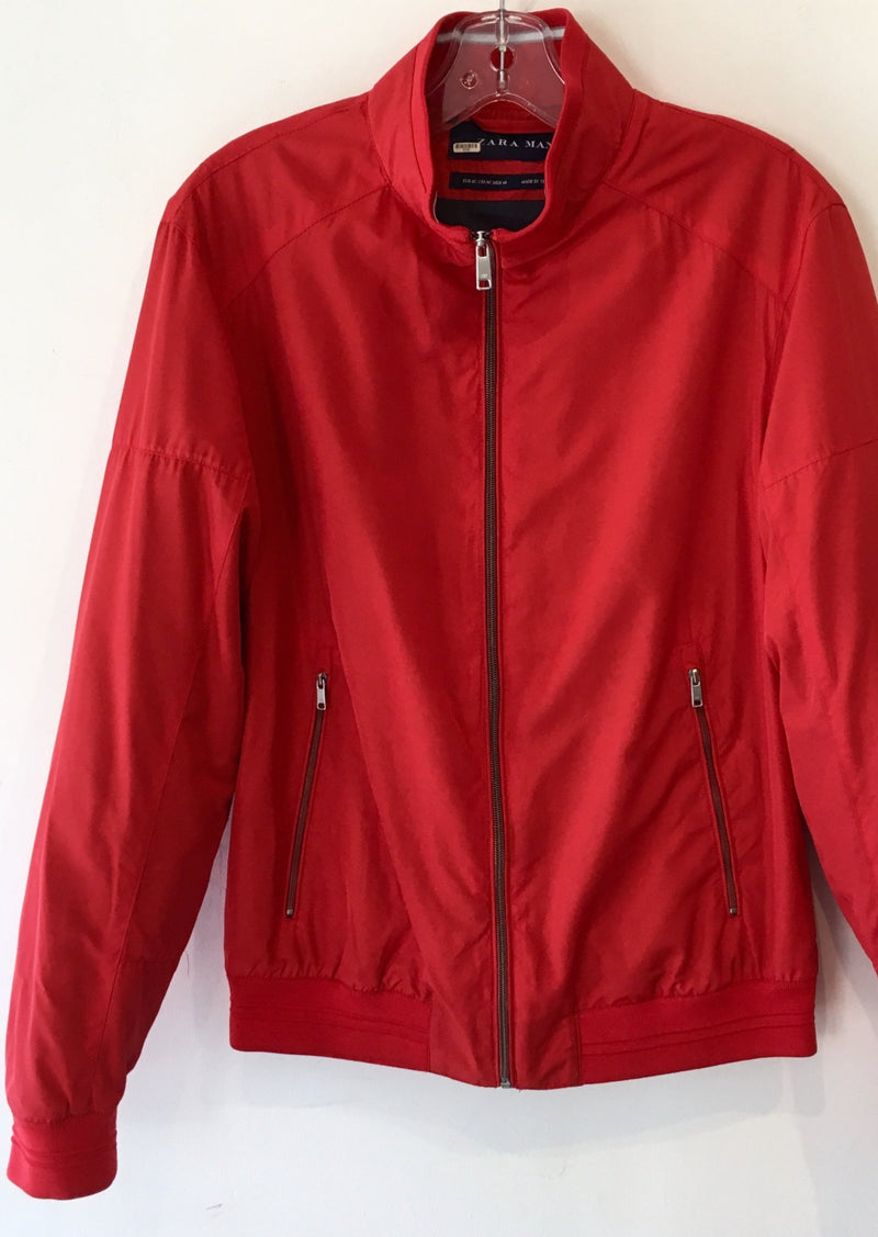 ZARA Mens red nylon zip front windbreaker w/ stand collar, M