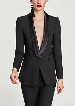 ZARA Women's black one button tuxedo jacket with satin shawl collar, L
