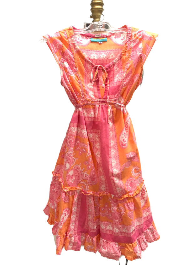 NASSGUA Girls pink/orange paisley tiered dress w/ bottom ruffle, 6
