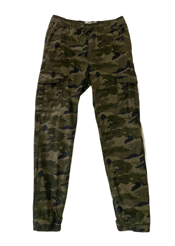 OLD NAVY Boys olive grid cotton camo cargo jogger pants, XL / 14-16