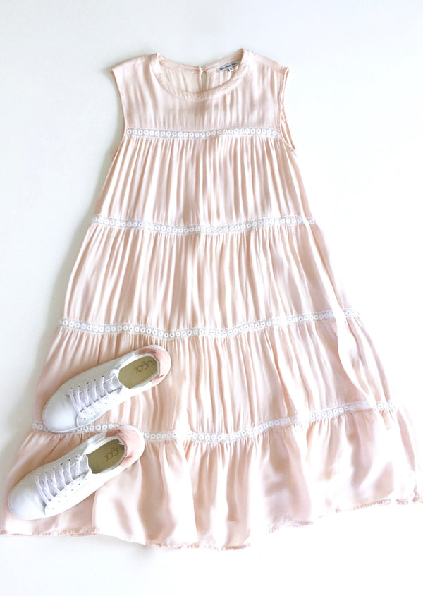 LITTLE WHITE LIES Women's pale pink sleeveless prairie dress w/ white crochet inset, S