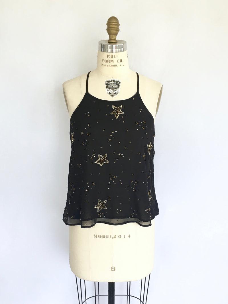 FREE PEOPLE Women's black tank w/ gold bead & sequin stars, XS