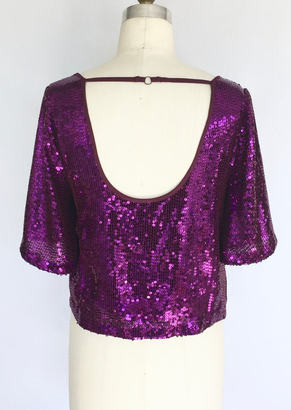 FREE PEOPLE Women's purple sequin deep scoop neck top w/ wide short sleeves, XS