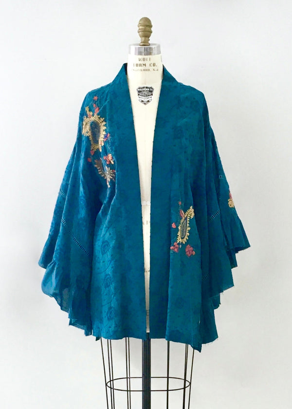 FREE PEOPLE Women's teal cotton kimono w/ ruffle sleeves & embroidery, S