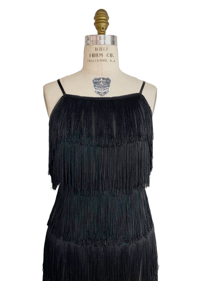 CHAPS VINTAGE Women's black multi fringe spaghetti strap flapper dress, 10