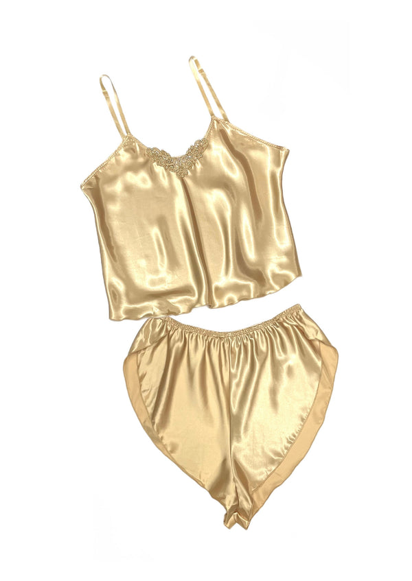 COLESCE COLLECTION VINTAGE golden satin camisole & tap shorts set w/ lace detail, M