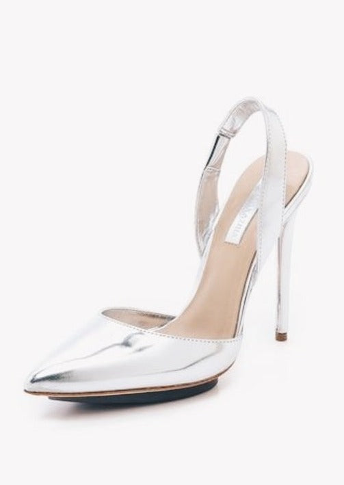 BCBG silver chrome sling back w/ low platform stiletto, 9