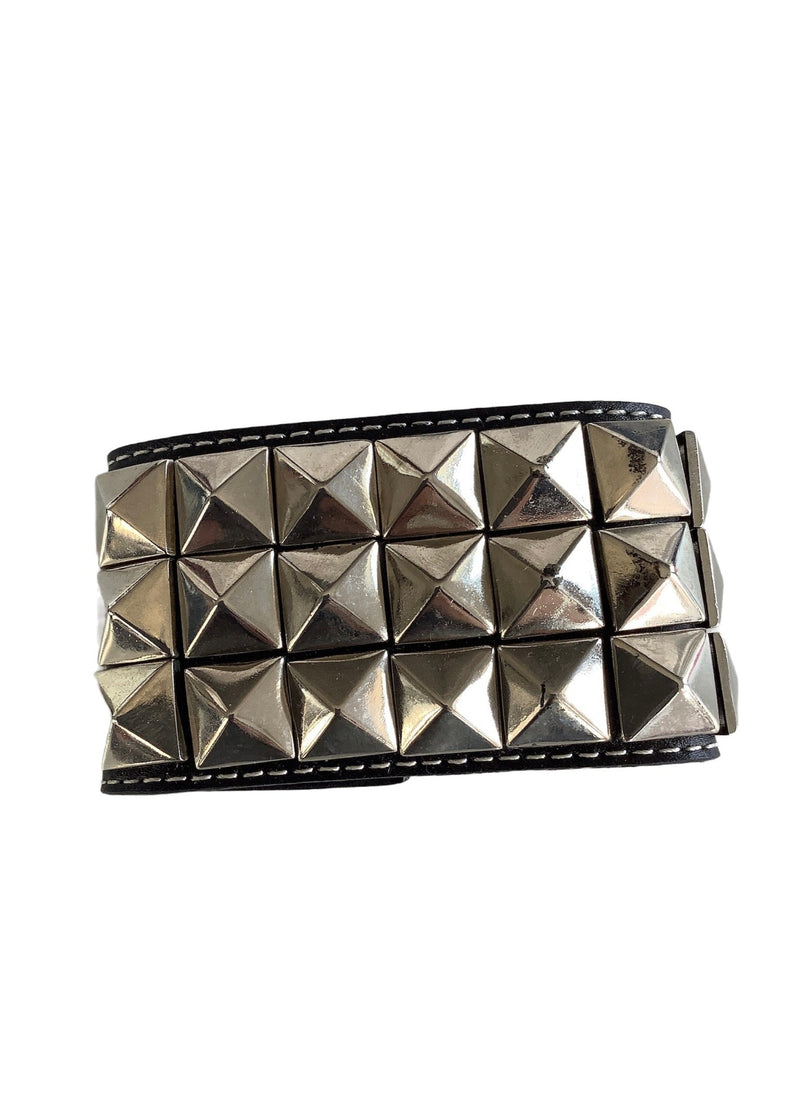 CUFF 2" black leather cuff with 3 rows of silver pyramid studs