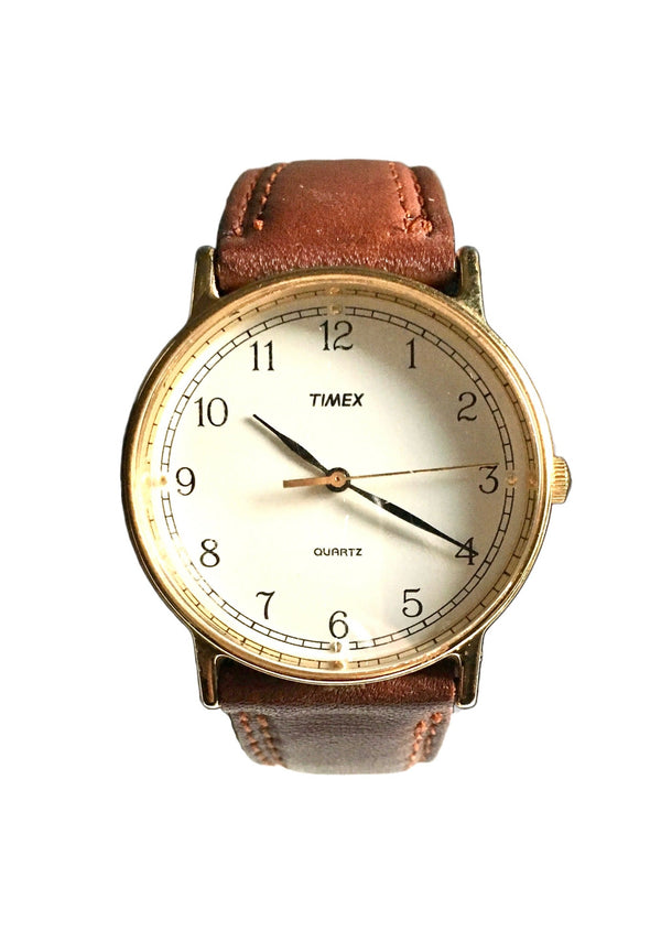 TIMEX Mens classic white face gold watch w/ brown leather strap