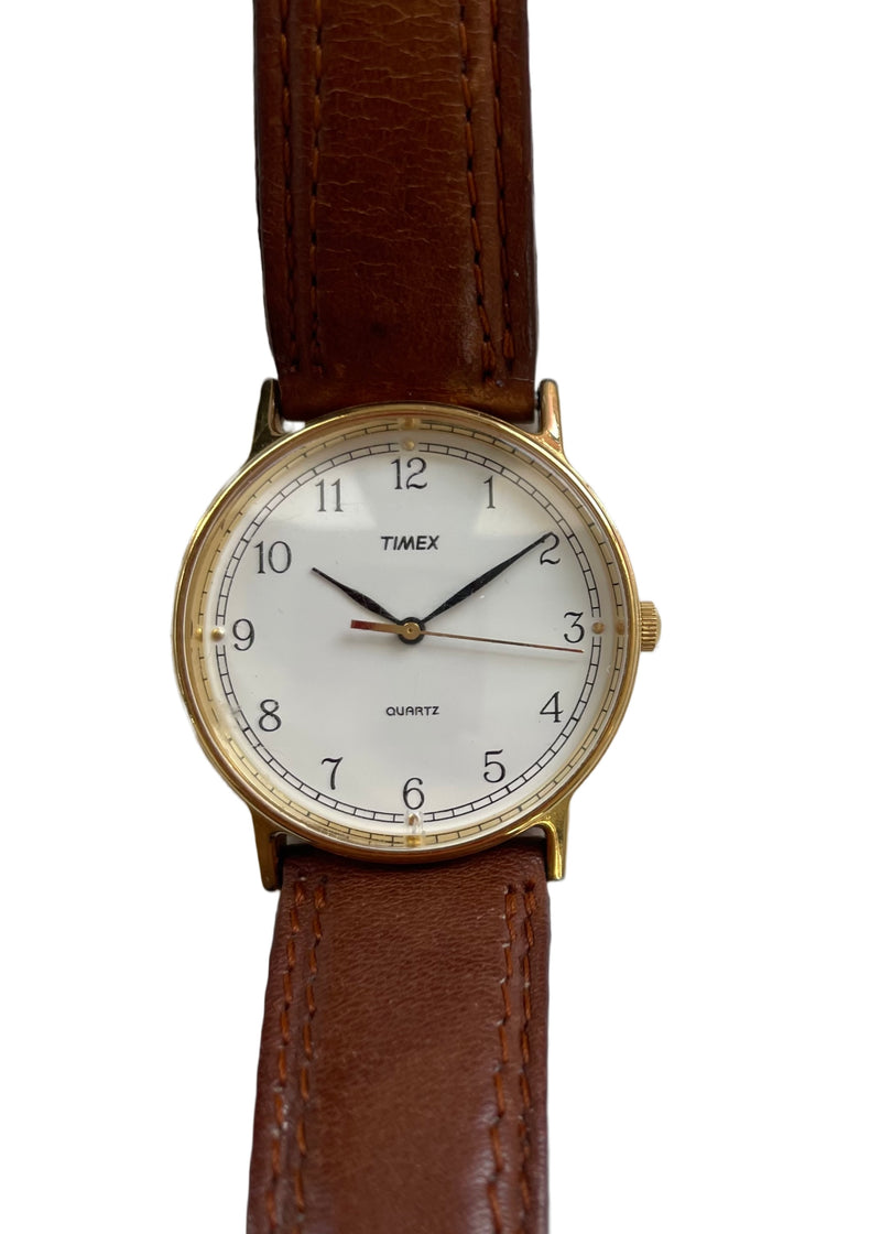 TIMEX Mens classic white face gold watch w/ brown leather strap