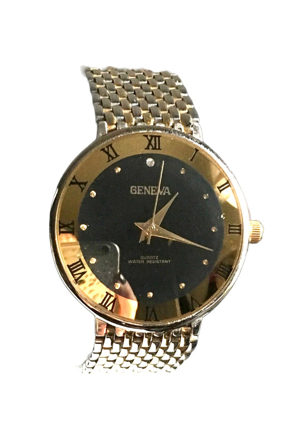 GENEVA womans gold tone bracelet watch with black face