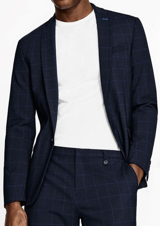 ZARA Mens navy and blue windowpane slim fit 2 button suit, 44R