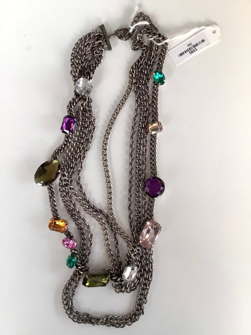 NECKLACE gunmetal chain statement necklace with large mutli coloured crystals